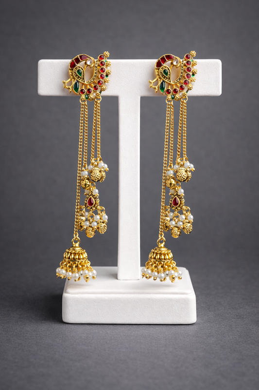 Long Kashmiri Peacock Jhumka with Multi-Chain Earrings-G352800