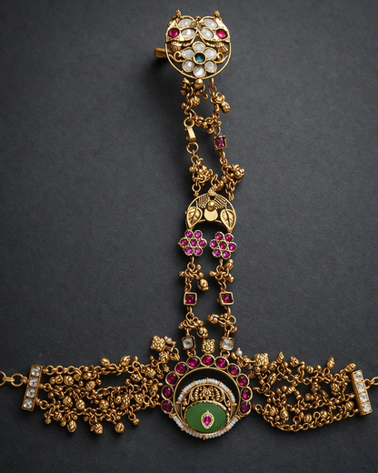 Gold Plated Kundan & Ruby Hand Harness (Hath Panja)-G354800