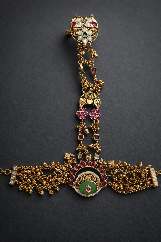 Gold Plated Kundan & Ruby Hand Harness (Hath Panja)-G354800