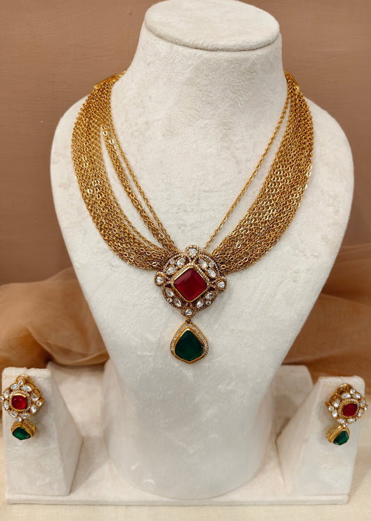 Moissanite Emerald Rubby Necklace Set-G754800