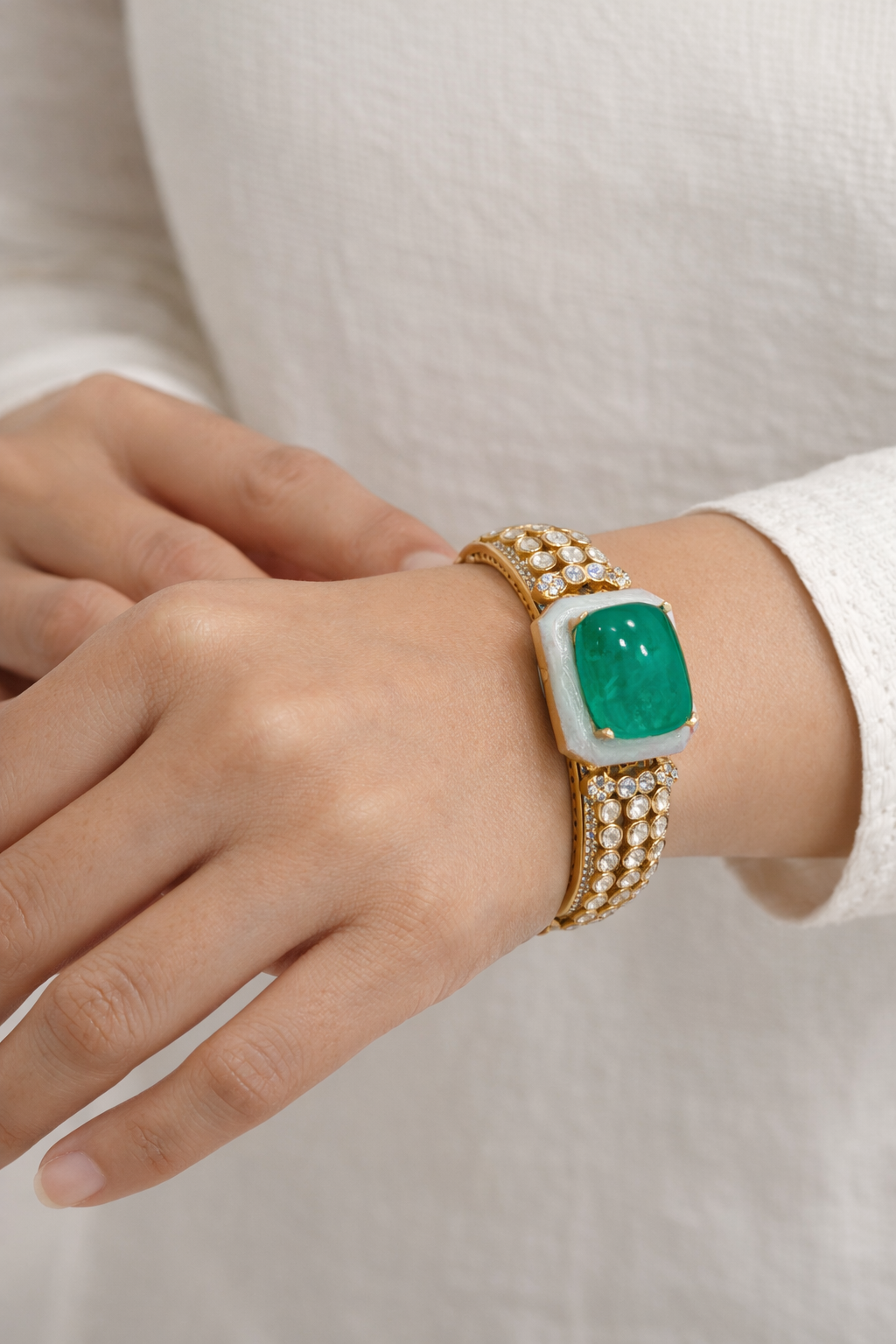 Zamrud Green Stone Kundan Mossonite Cuff Bracelet