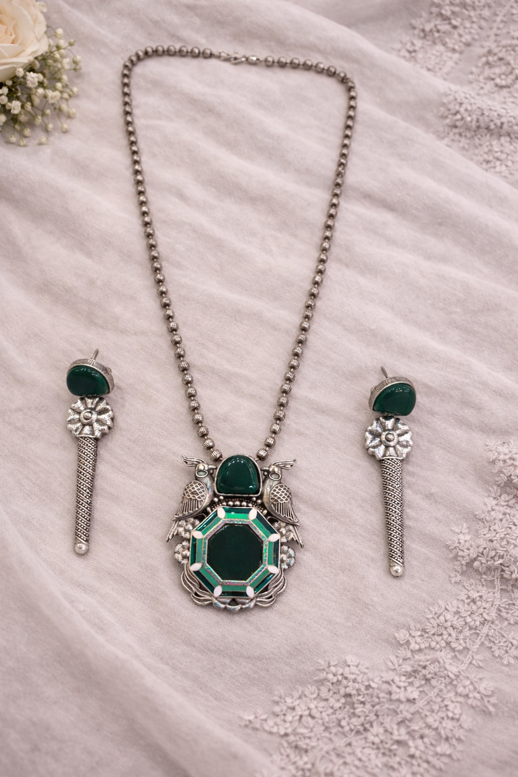 Oxidised Silver-Tone Turquoise Bird Motif Pendant Set-G351100