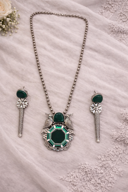 Oxidised Silver-Tone Turquoise Bird Motif Pendant Set-G351100
