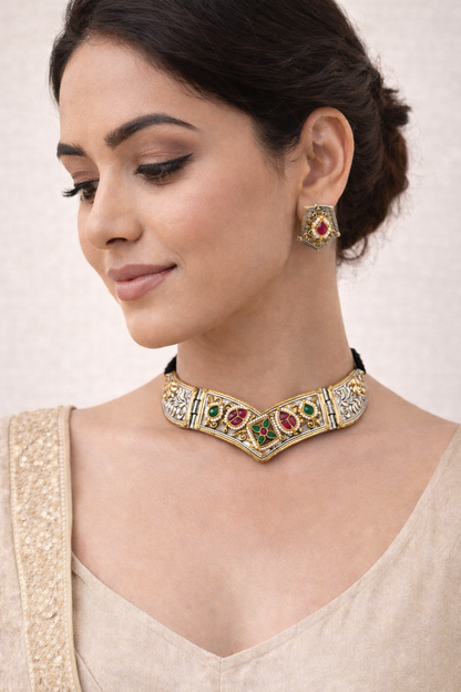 Oxidized Silver & Kundan & Pearl Studded Choker Necklace Set-G352400