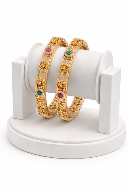 Handcrafted Floral Design Kemp Stone Bangles(Set of 2)