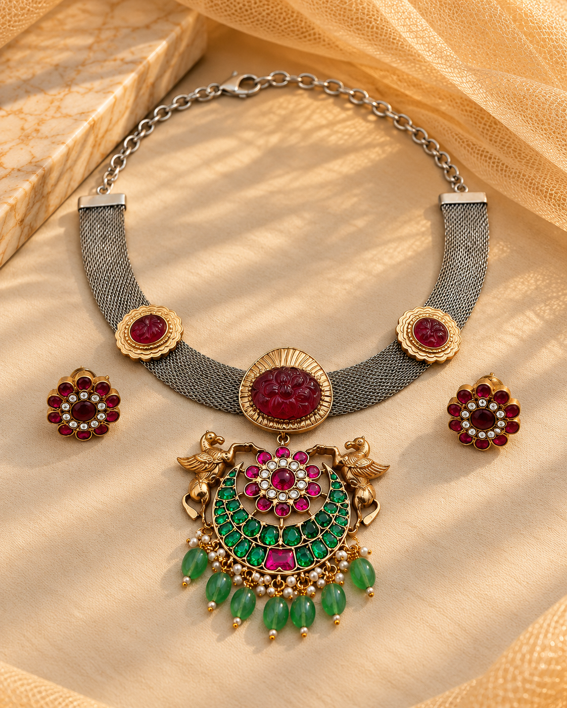 Sabyasachi Jadau Dual Tone Chokers Necklace Set-NK2296
