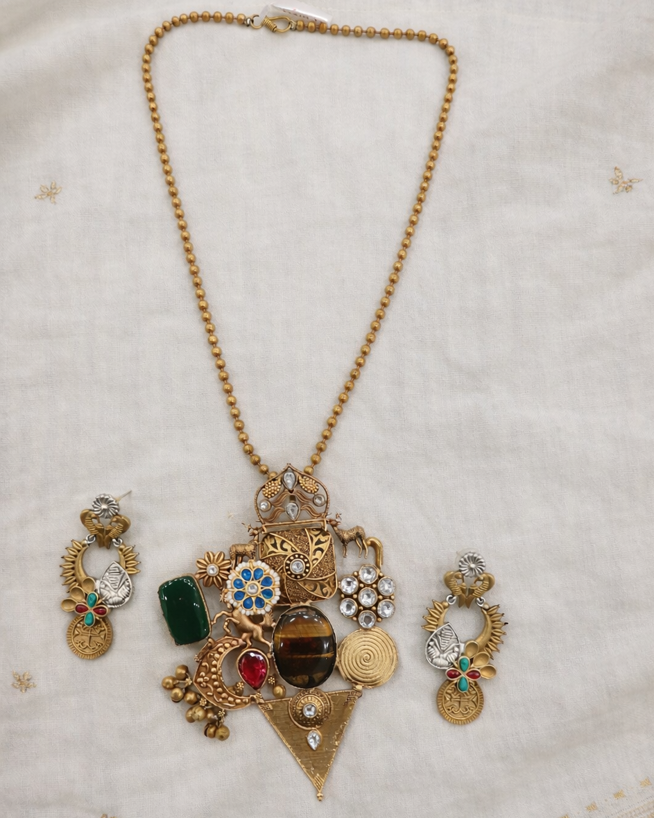 Vintage-Inspired Multi-Stone Necklace and Earring Set-G353800