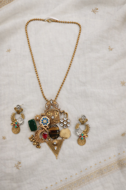 Vintage-Inspired Multi-Stone Necklace and Earring Set-G353800