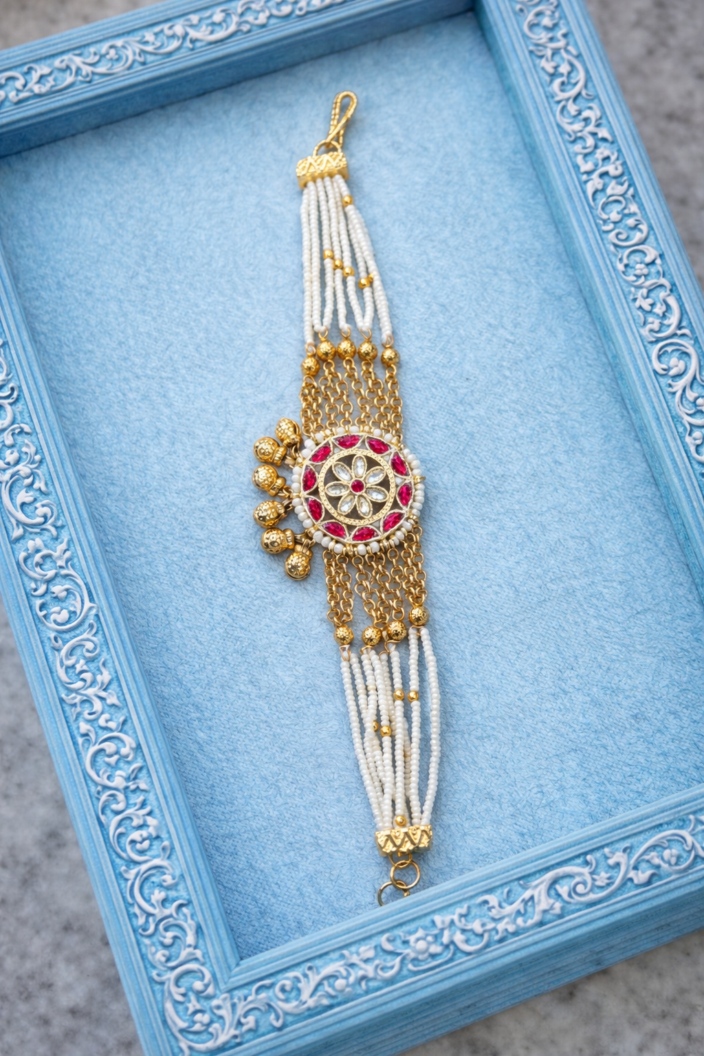 Elegant Red & White Kundan Pearl Bracelet