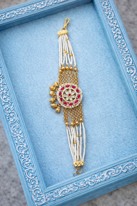 Elegant Red & White Kundan Pearl Bracelet