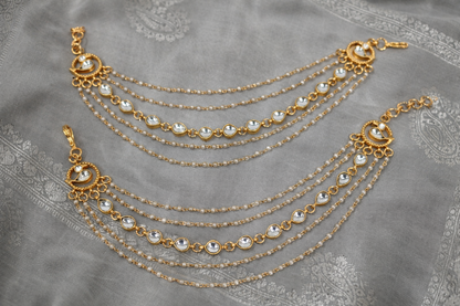 Gold-Plated Kundan & Pearl Multi-Layered Ear Chain