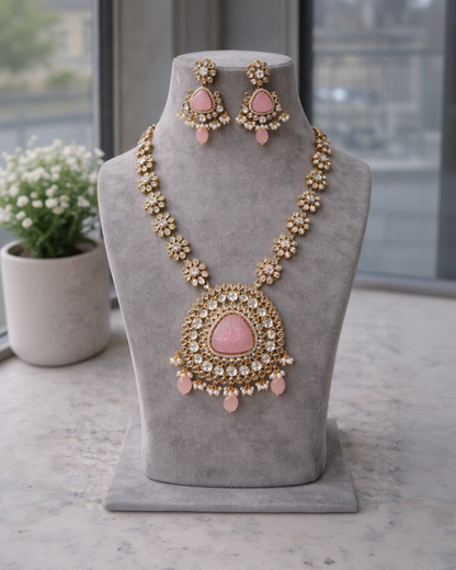 Pink Quartz & Crystal Kundan-Style Necklace Set-G353500