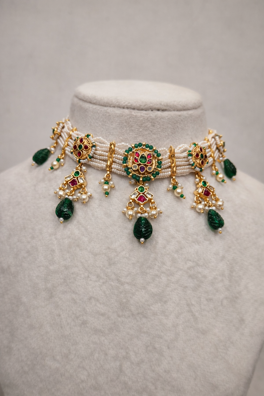Green/Maroon & Ivory Kundan Polki Choker Necklace