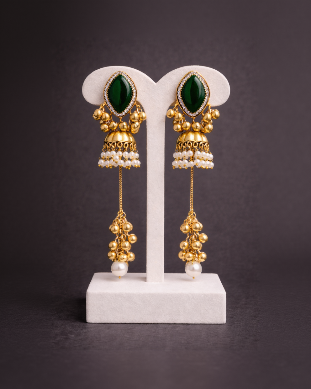 Emerald Green & Kashmiri Pearl Jhumka Earrings-G351500