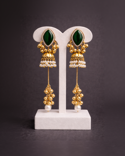 Emerald Green & Kashmiri Pearl Jhumka Earrings-G351500