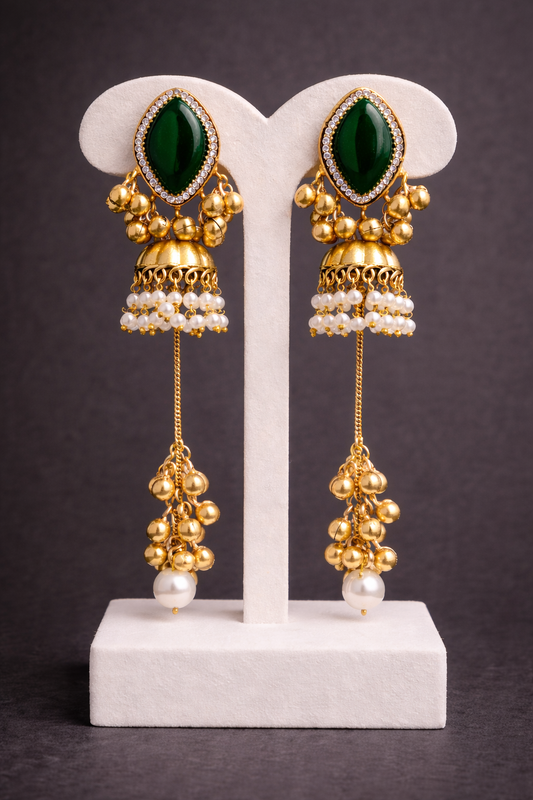 Emerald Green & Kashmiri Pearl Jhumka Earrings-G351500