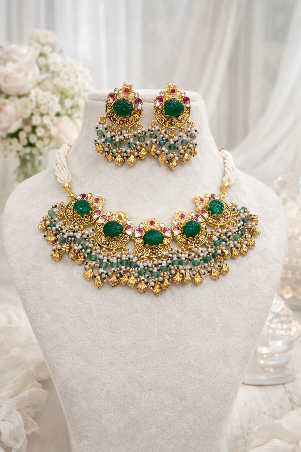 Emerald Green Carved Stone & Pearl Kundan Style Choker Necklace Set with Earrings