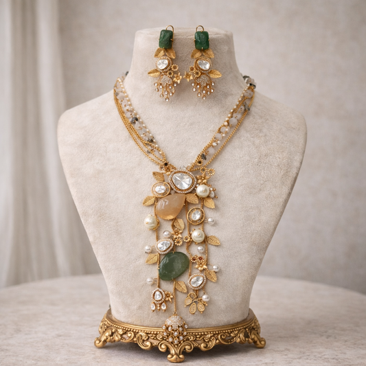 Statement Emerald Pearl Cascade Jewellery Set