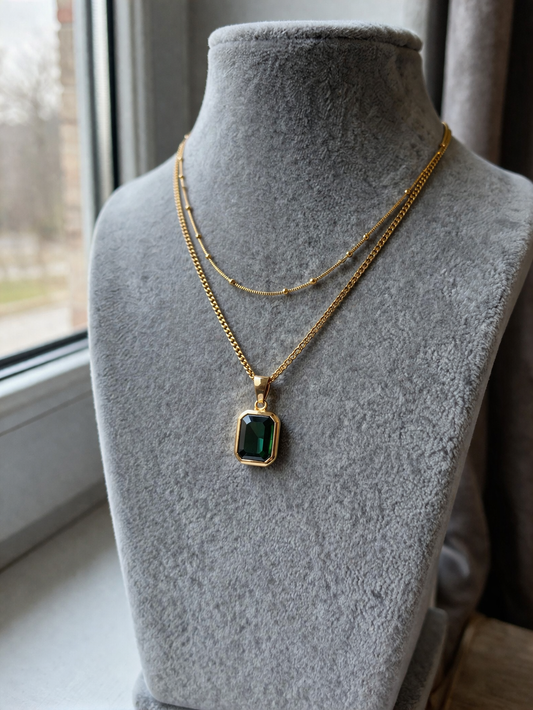 Anti-Tarnish Gold & Emerald Statement Necklace-G35300