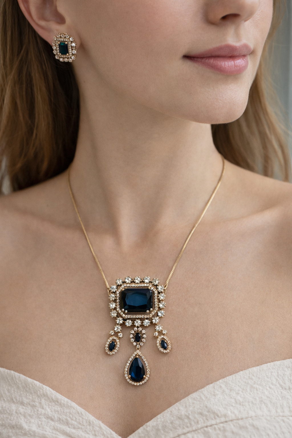 Royal Blue & Crystal Gold-Toned Pendant Set