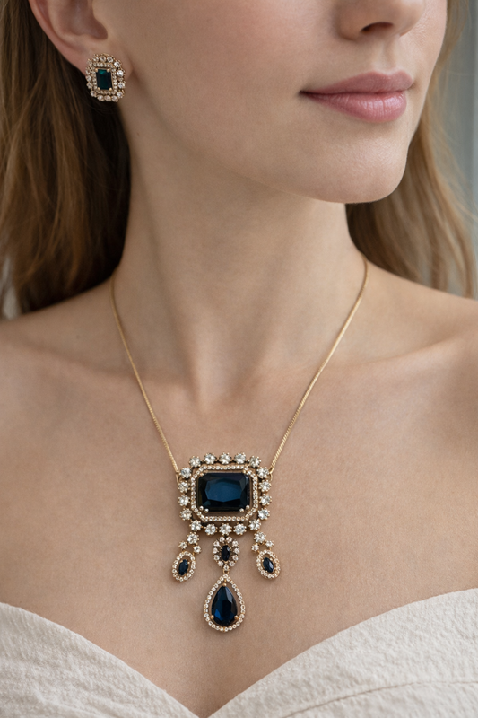 Royal Blue & Crystal Gold-Toned Pendant Set