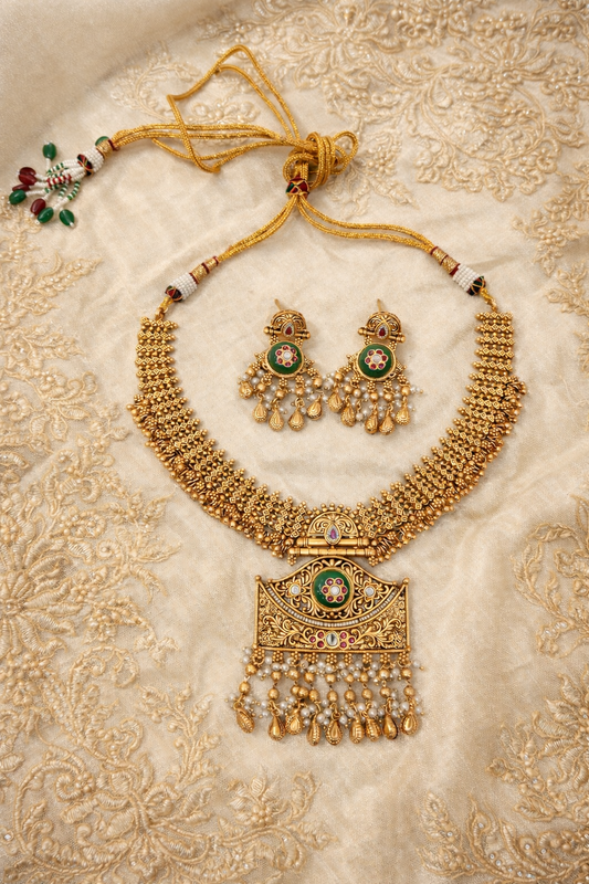 Classic Indian Temple Jewelry Choker with Pearl Drops