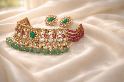 Regal Emerald & Ruby Polki Choker Necklace Set