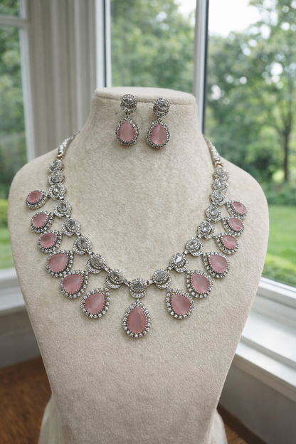 American Diamond Pink Stone Necklace Set