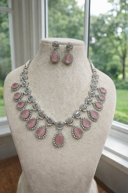 American Diamond Pink Stone Necklace Set