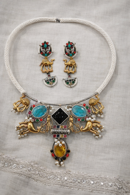 German Silver & Gold-Tone Animal Motif Hasli Necklace Set-G353500