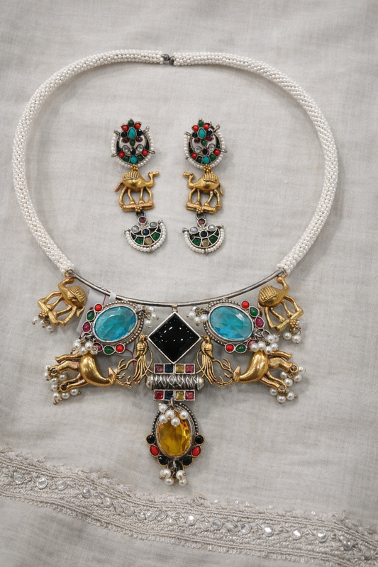 German Silver & Gold-Tone Animal Motif Hasli Necklace Set-G353500