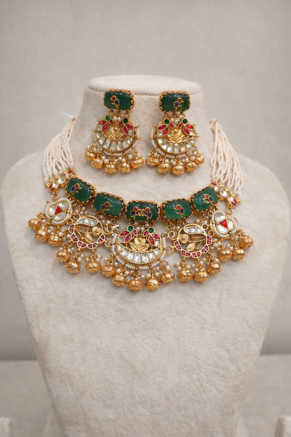 Emerald Green Kundan & Pearl Necklace Earring Set