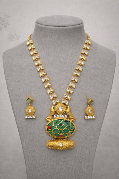 Fusion Kundan Polki Necklace Set Green-G351800