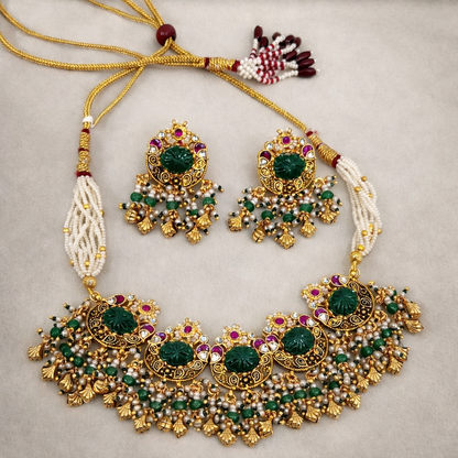 Emerald Green Carved Stone & Pearl Kundan Style Choker Necklace Set with Earrings