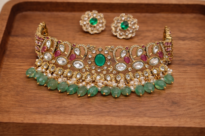 Regal Emerald & Ruby Polki Choker Necklace Set