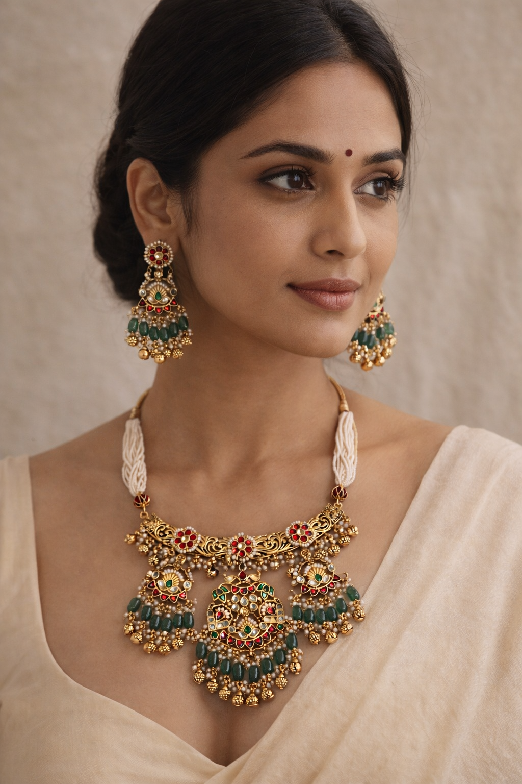 Regal Rajwadi Style Emerald & Ruby Stone Beaded Necklace Set