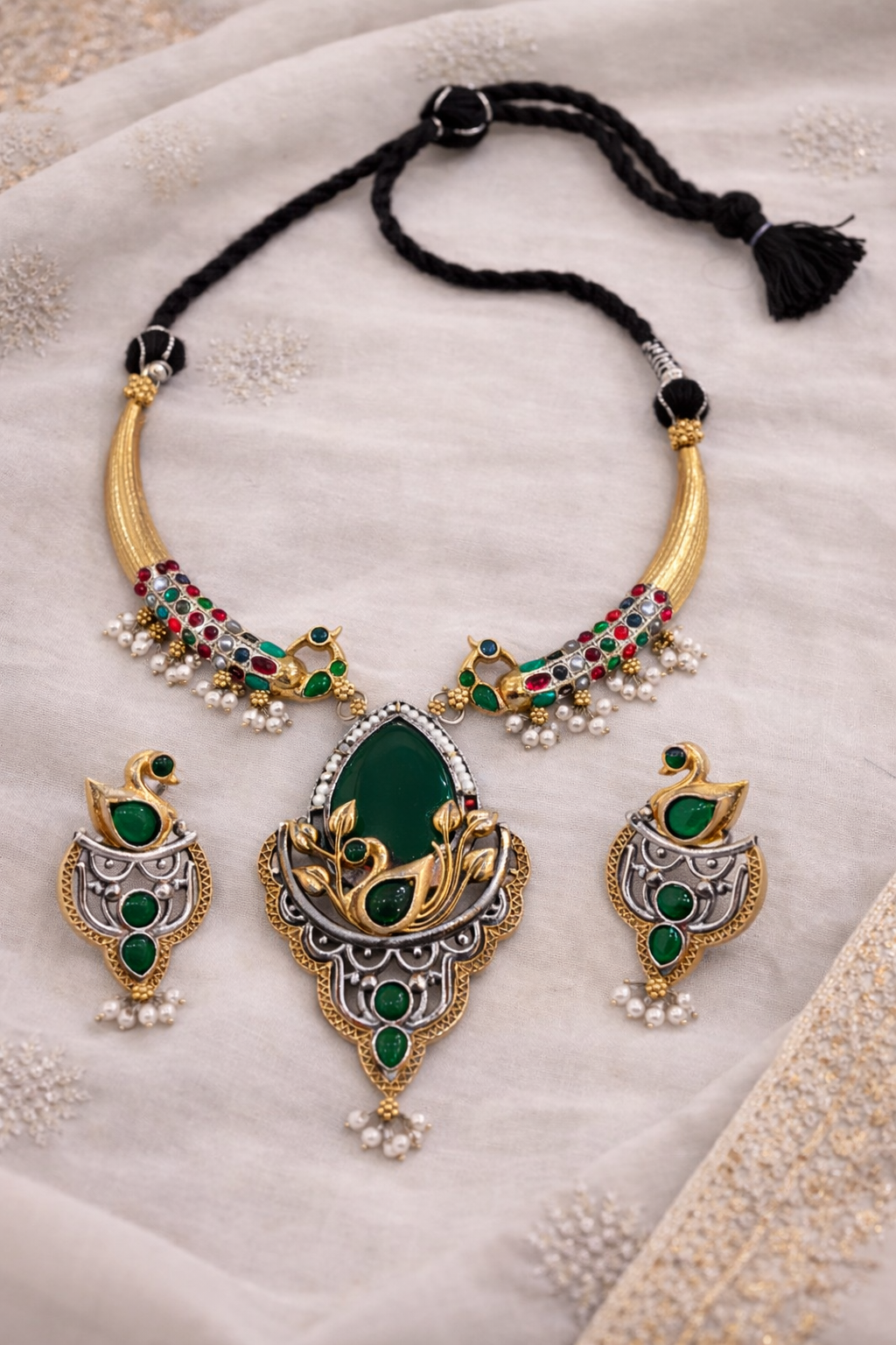 Oxidised Silver Dual-Tone Peacock Motif Necklace Set-G352400