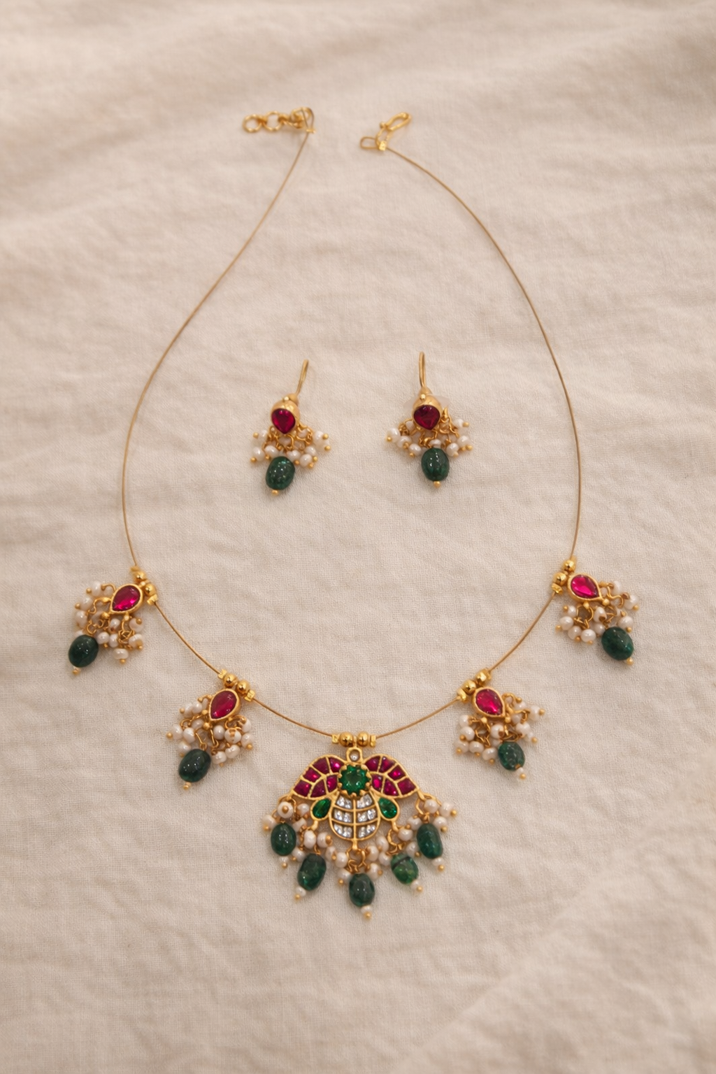 Elegant Peacock Kemp Stone Invisible Necklace Set-G351300