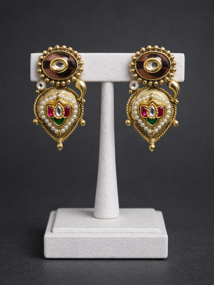 Gold-Toned Kundan and Pearl Drop Earrings-G35900