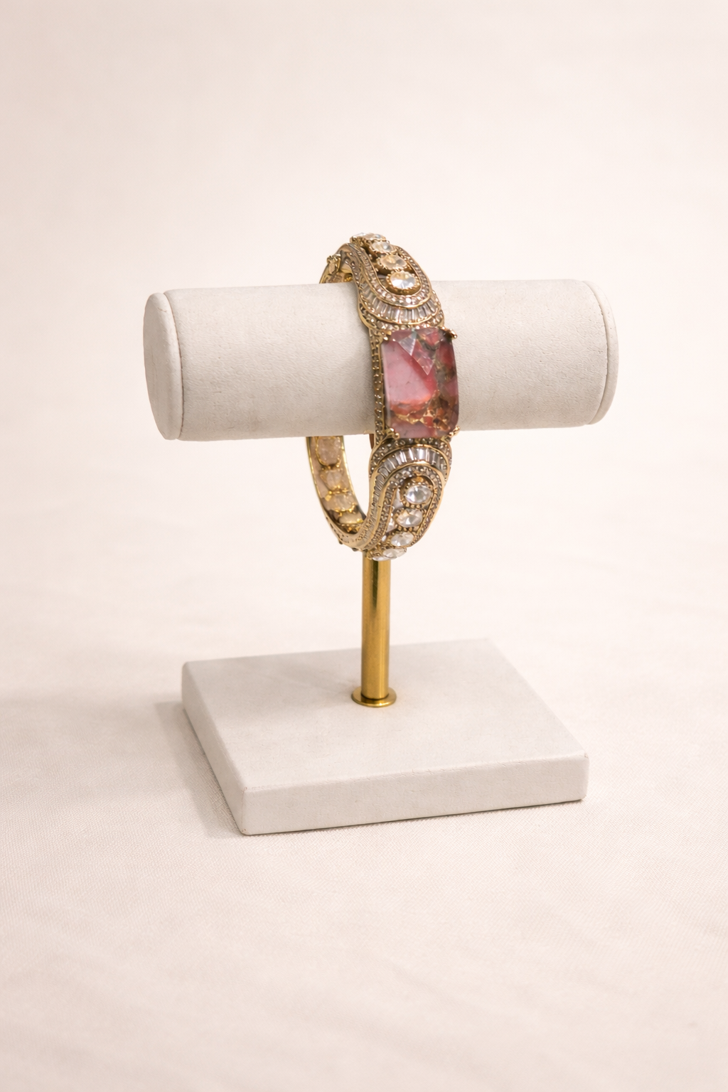Pink Stone & Diamond Gold Bangle Bracelet
