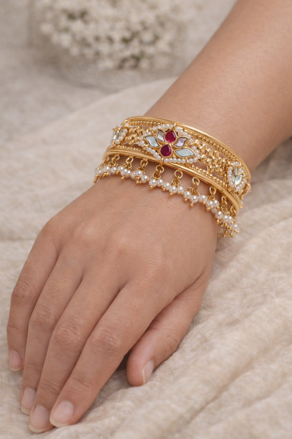 Antique Gold Plated Openable Bangle Kada with Pearl Drops & Kundan Stones-G351300