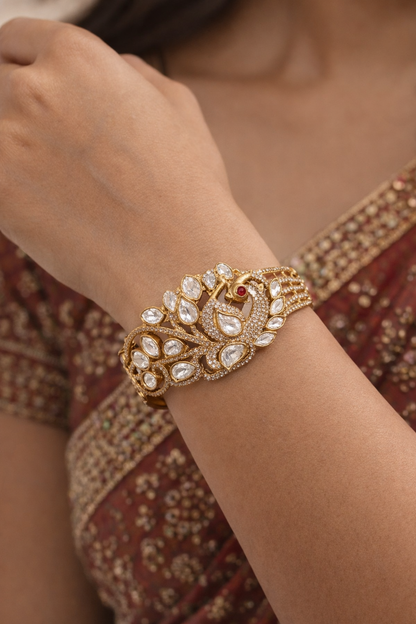 Peacock Polki & Moissanite Gold-Plated Cuff Bracelet