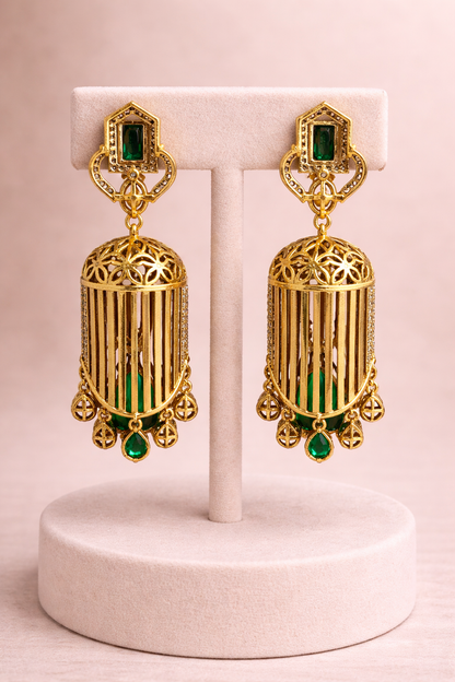 Emerald-Studded filligree Jhumkas
