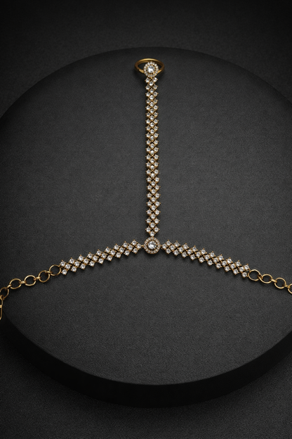 Diamond Look Gold Plated Hand Harness with Ring Bracelet-G351500