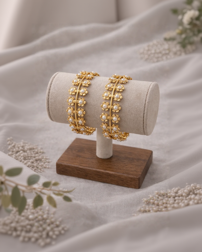 Fusion Pearl & Gold Plated Floral Bangles (Set of 2)-G351000