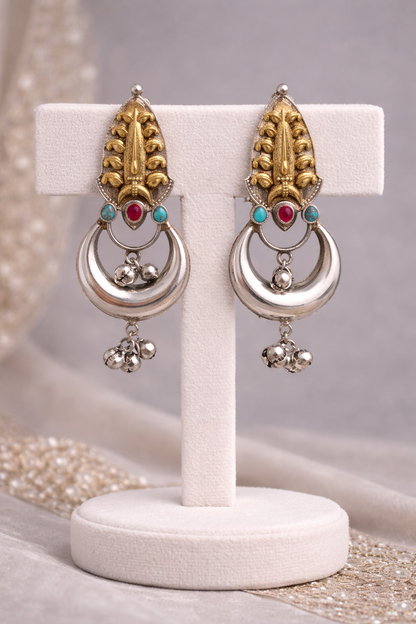 Oxidized Silver Peacock Motif Navratna Necklace Set-G353800