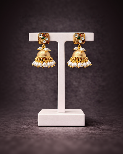 Heritage Gold-Toned Jadav & Pearl Jhumka Earrings-G351300