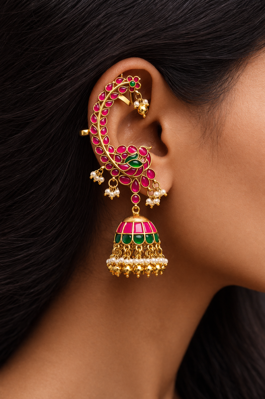 Jadav Pachi Kundan Peacock Design Jhumka Earrings(Ear Cuffs)-G354200