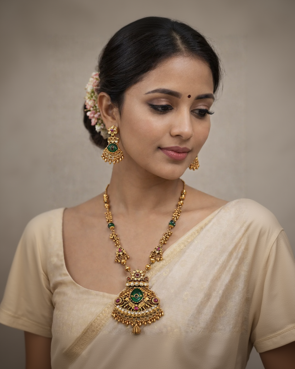 Heritage Kundan Style Long Pendant Set with Matching Earrings-G352700