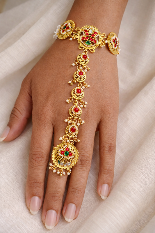 Gold Plated Heritage Hath Panja with Pearl & Stone